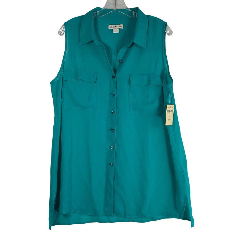 Coldwater Creek Teal Sheer Chiffon Tunic Sleeveless Button Down PXL Petite 16